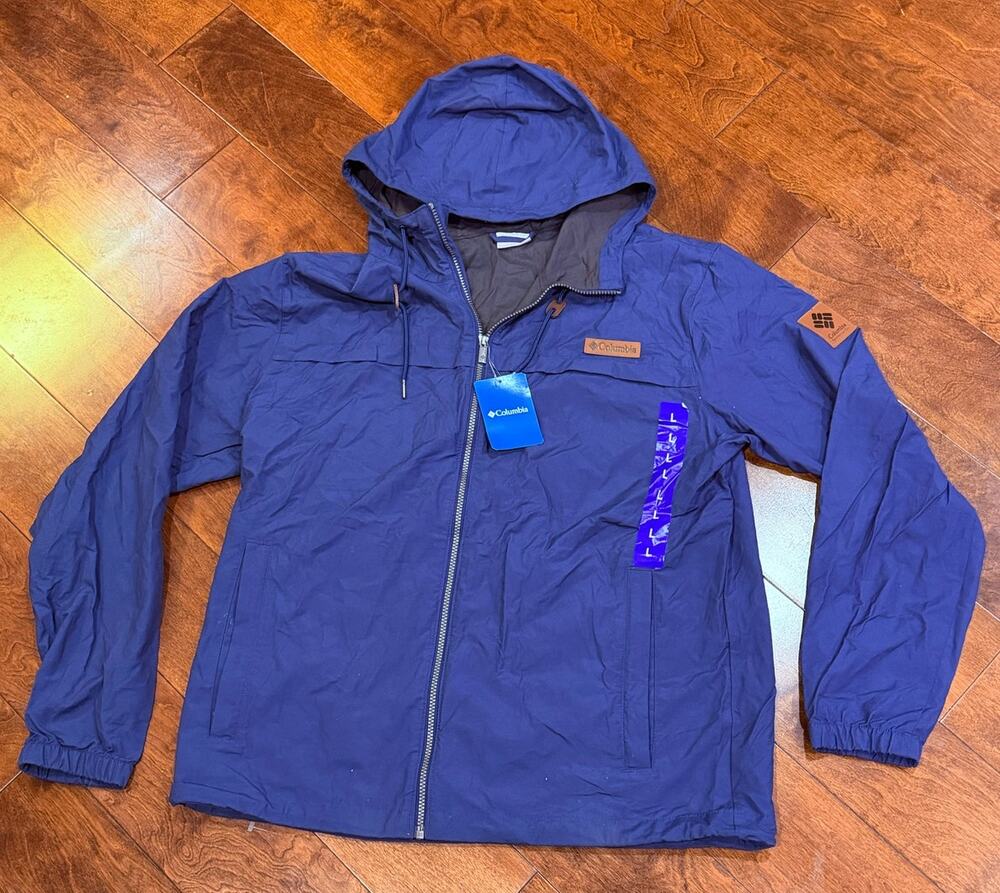 NWT Columbia Hooded Windbreaker Jacket Mens L Navy Blue Full Zip Cotton XM2819